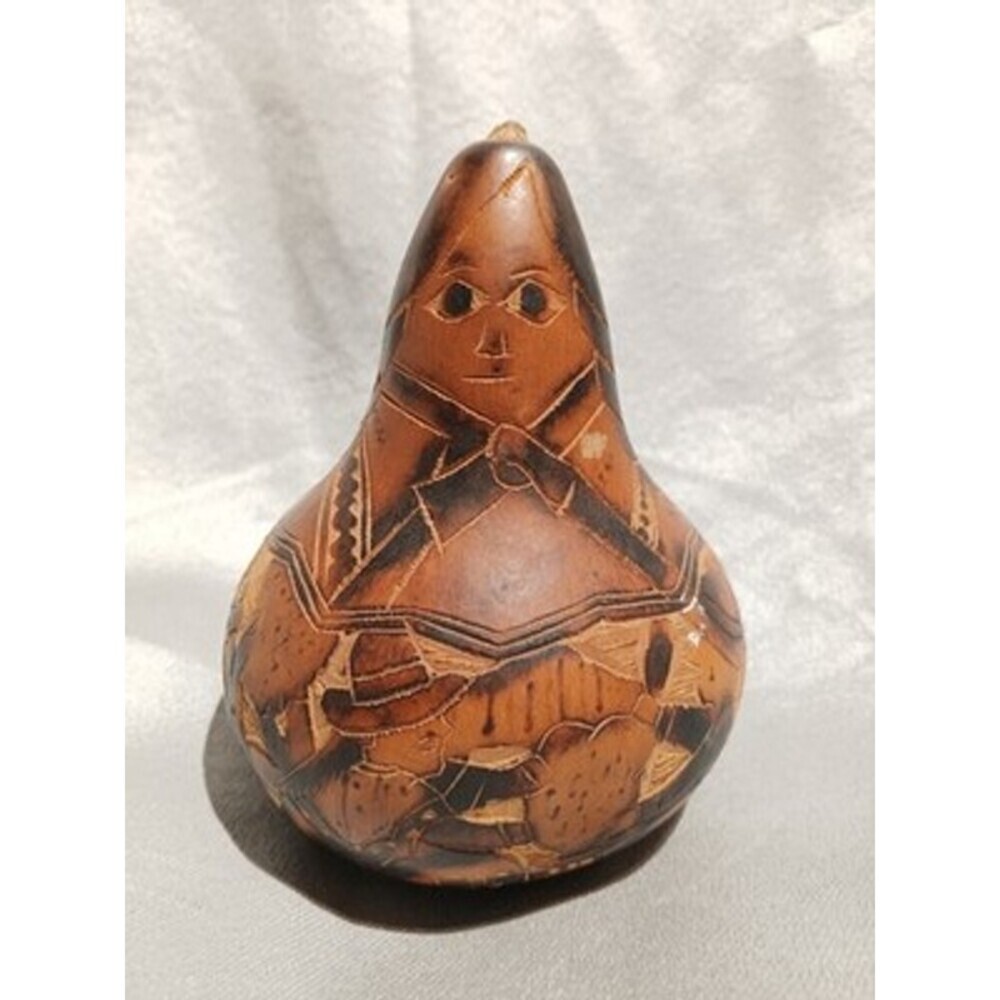 Vintage Peruvian Painted Gourd Folk Art Native Woman Llama Etched Carving